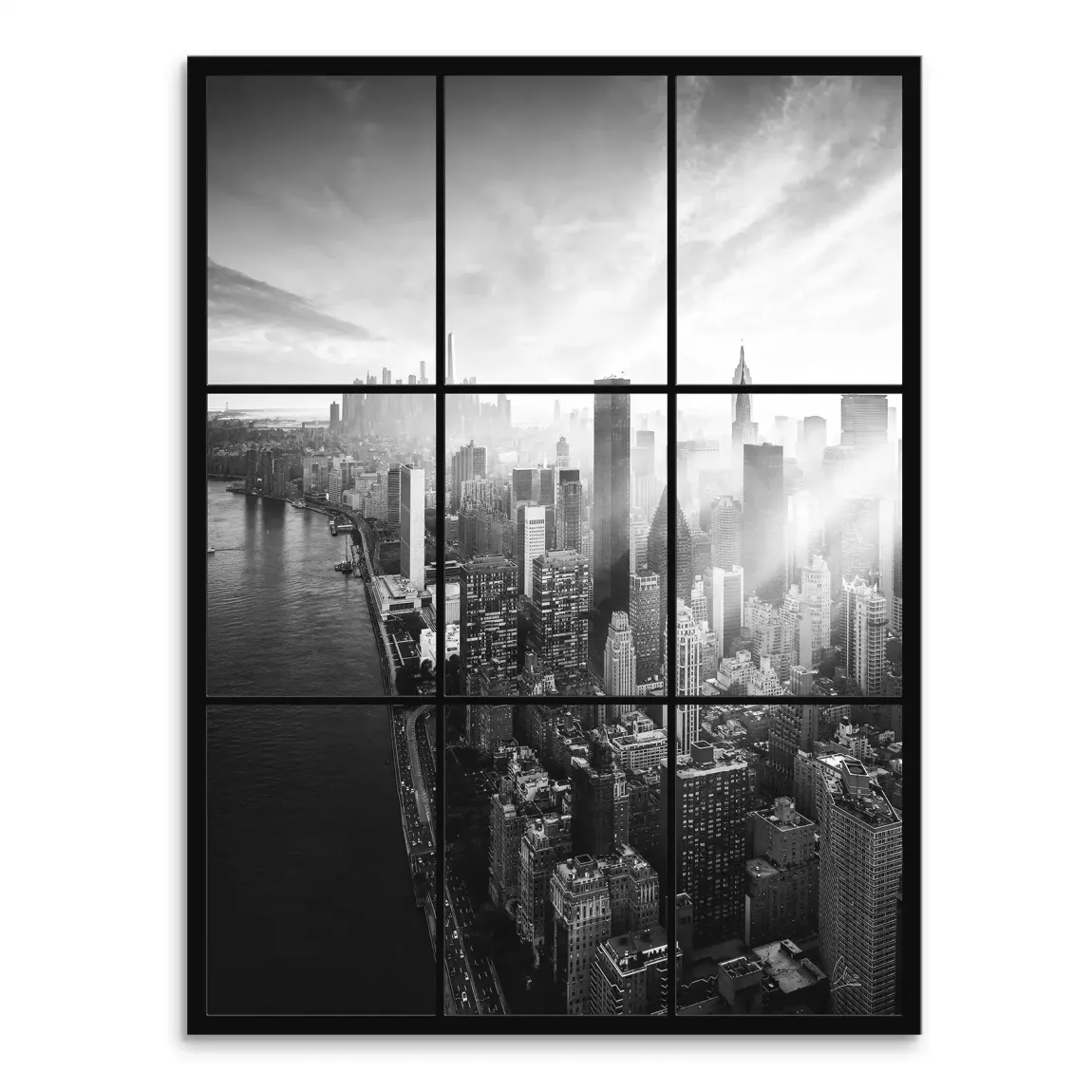Left panel of a seven-panel monochrome canvas showing New York City skyscrapers and a distant bridge over a river