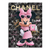 Vibrant pop art canvas featuring Minnie Mouse in a pink dress holding Chanel No. 5 against a black-and-grey checkerboard with gold Chanel lettering and graffiti accents.