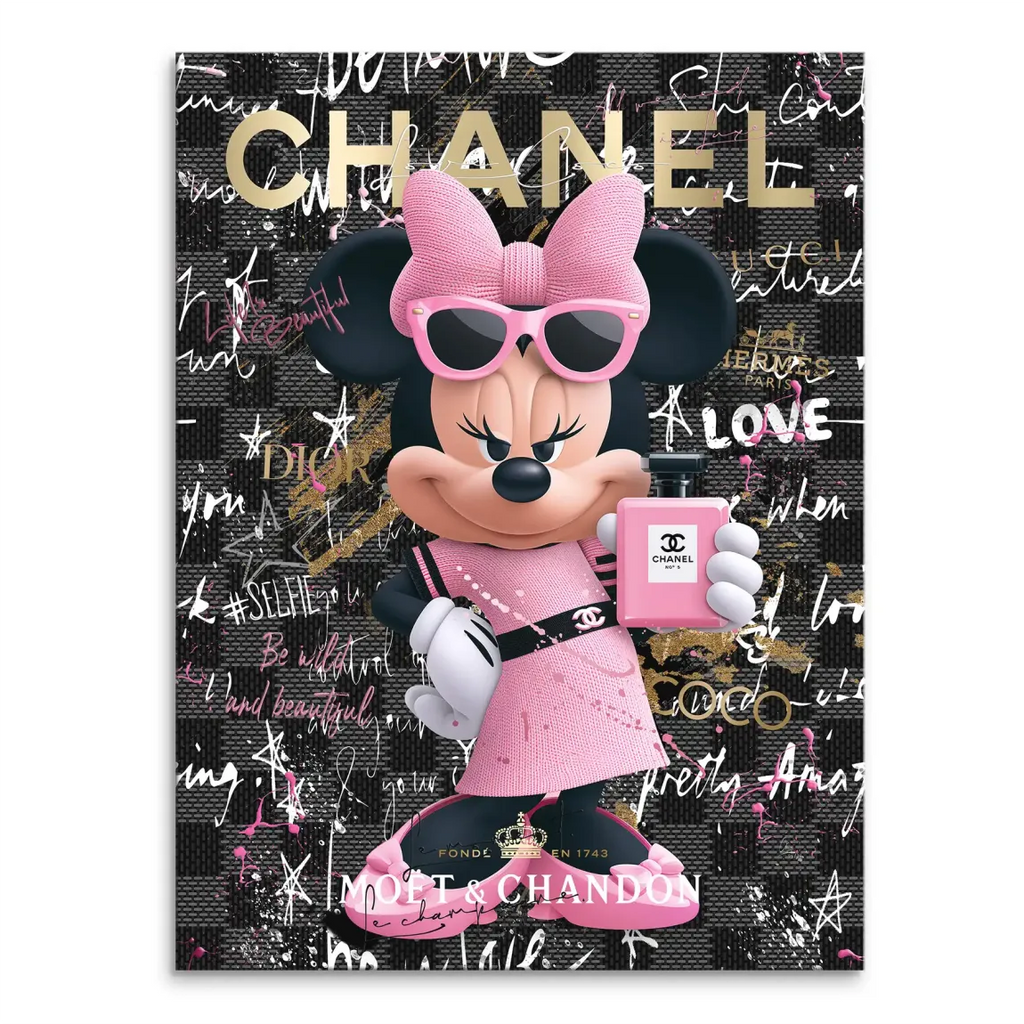 Vibrant pop art canvas featuring Minnie Mouse in a pink dress holding Chanel No. 5 against a black-and-grey checkerboard with gold Chanel lettering and graffiti accents.