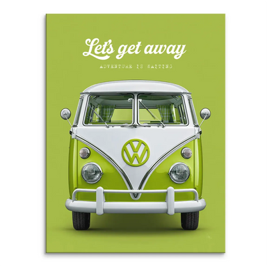 Lime green VW Bulli camper van canvas wall art with white 'Let's get away' script