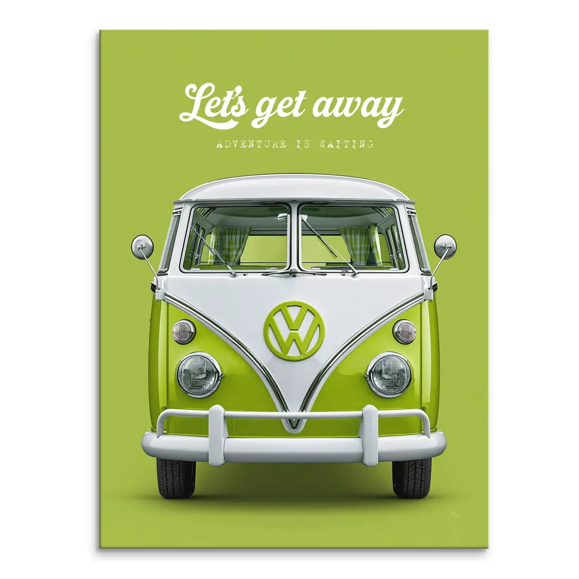 Lime green VW Bulli camper van canvas wall art with white 'Let's get away' script