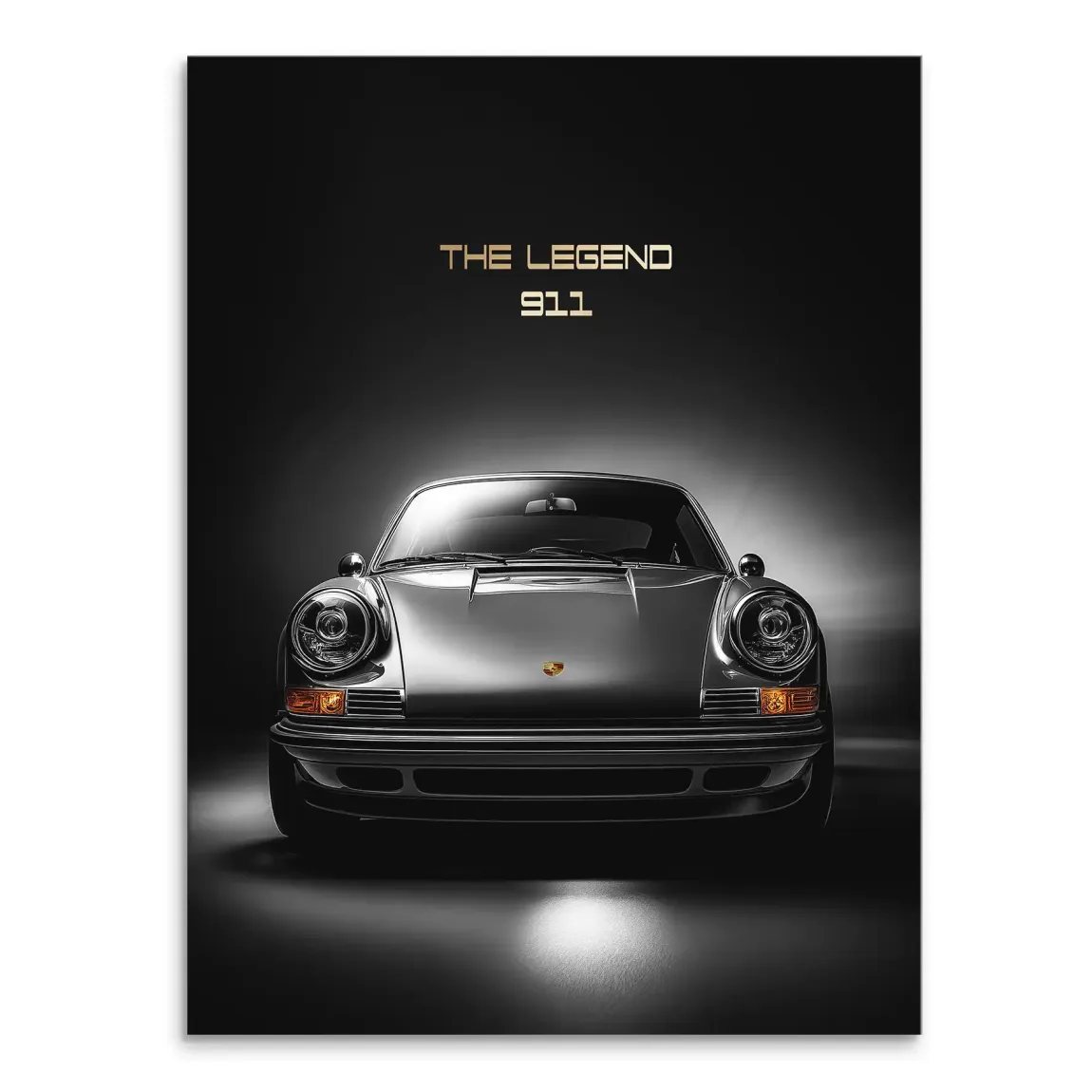 Monochrome Porsche 911 wall art canvas featuring a classic front view with gold THE LEGEND 911 text