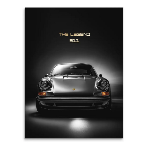 Monochrome Porsche 911 wall art canvas featuring a classic front view with gold THE LEGEND 911 text