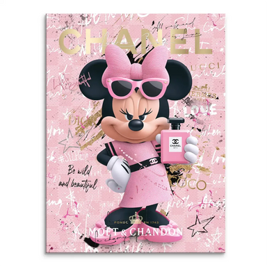Minnie Mouse in a pink dress with sunglasses on rose-pink canvas wall art in pop art fashion style.