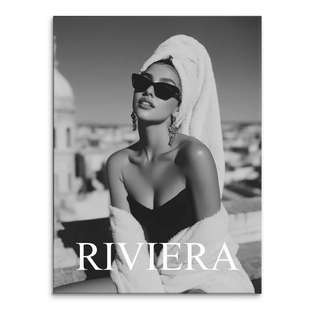 Black and white canvas print of a glamorous woman wearing oversized sunglasses on a sunlit European rooftop with a blurred city skyline