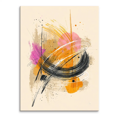 Portrait canvas wall art with bold black and white gestural strokes and orange and pink accents on a warm beige background