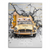 Yellow BMW sports car bursting through a grey wall on a pop art canvas
