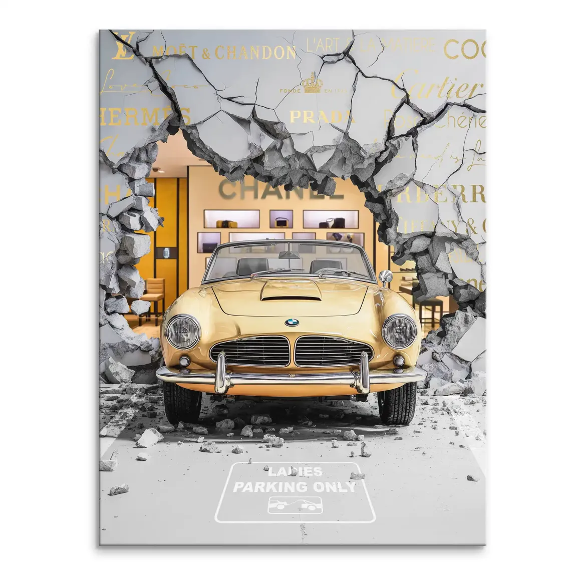 Yellow BMW sports car bursting through a grey wall on a pop art canvas