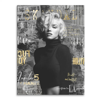 Black-and-white Marilyn Monroe portrait in bold Pop Art style with gold text accents on collage background