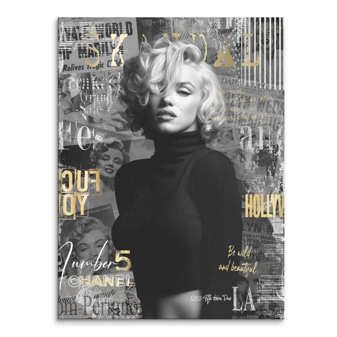 Black-and-white Marilyn Monroe portrait in bold Pop Art style with gold text accents on collage background