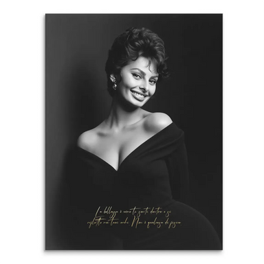 Black and white canvas print of Sophia Loren smiling in vintage Hollywood glamour