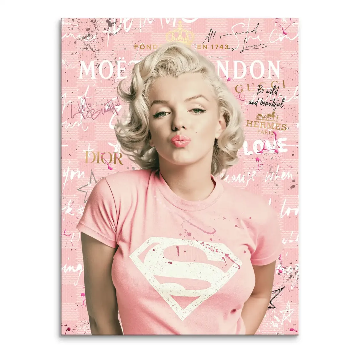 Marilyn Monroe pop art canvas portrait wearing a pink shirt with a distressed Superman logo against a pink and white collage background.