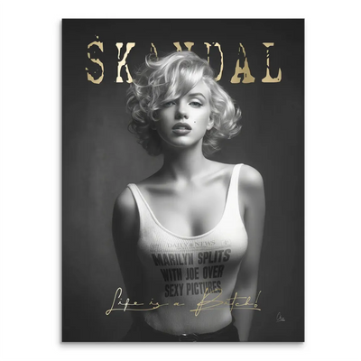 Monochrome Marilyn Monroe portrait wall art with bold gold SKANDAL typography at the top and a headline-inspired print on her white tank top.