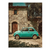 Vintage teal Fiat 500 parked on sunlit Tuscan cobblestones in front of a rustic stone building