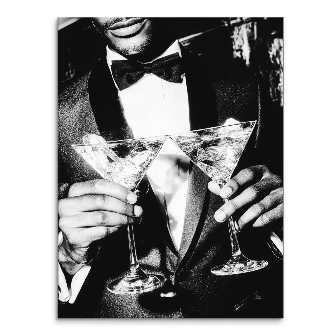Black and white photograph of a man in a tuxedo raising two martini glasses in a toast on canvas wall art