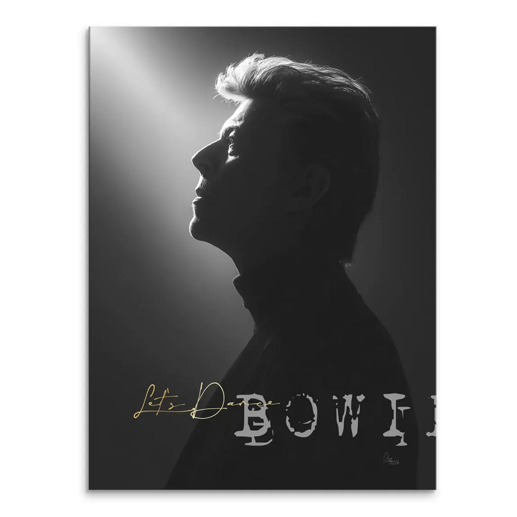 David Bowie dance canvas wall art featuring a black and white profile portrait with gold 'Let's Dance' script