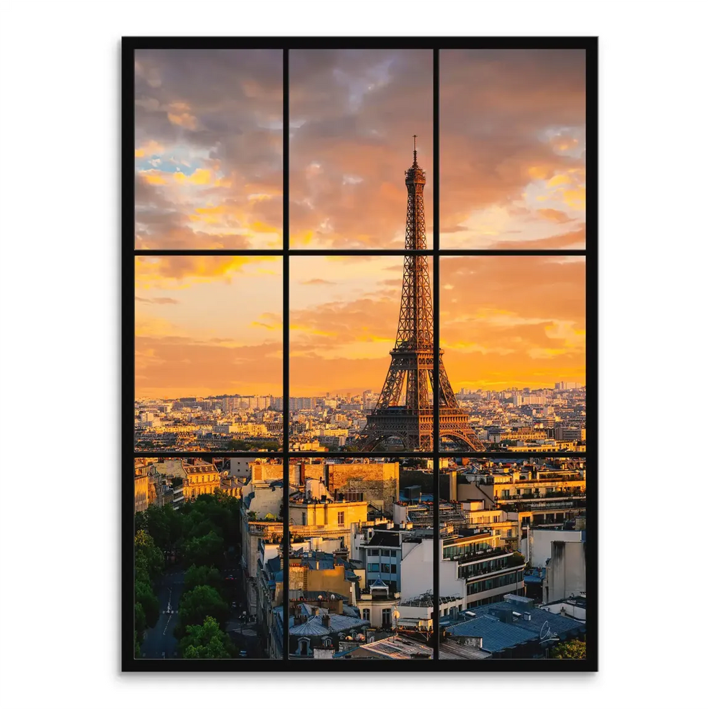 Sunset view of Paris with the Eiffel Tower rising above a glowing cityscape