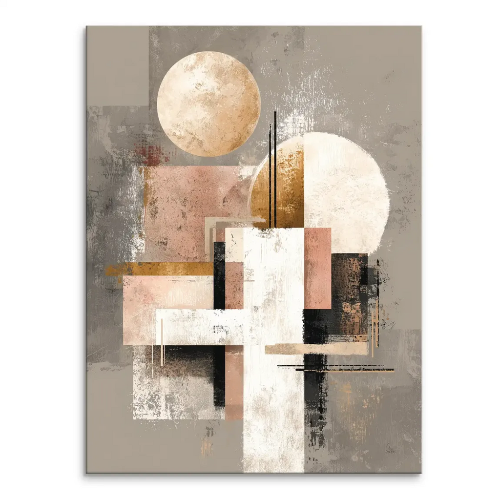 Golden geometry canvas wall art with overlapping circles and rectangles in warm neutrals and metallic accents