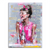 Audrey Hepburn-inspired pop art portrait in a pink couture dress with champagne, luxury logos, on a grey splattered background.
