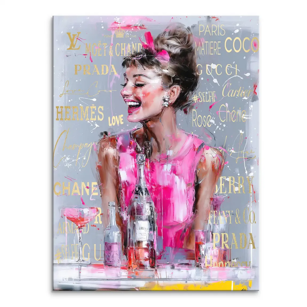 Audrey Hepburn-inspired pop art portrait in a pink couture dress with champagne, luxury logos, on a grey splattered background.