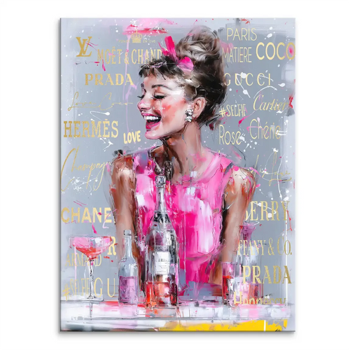 Audrey Hepburn-inspired pop art portrait in a pink couture dress with champagne, luxury logos, on a grey splattered background.