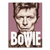 Close-up Bowie portrait on canvas with bold BOWIE text in Pop Art style and a purple background