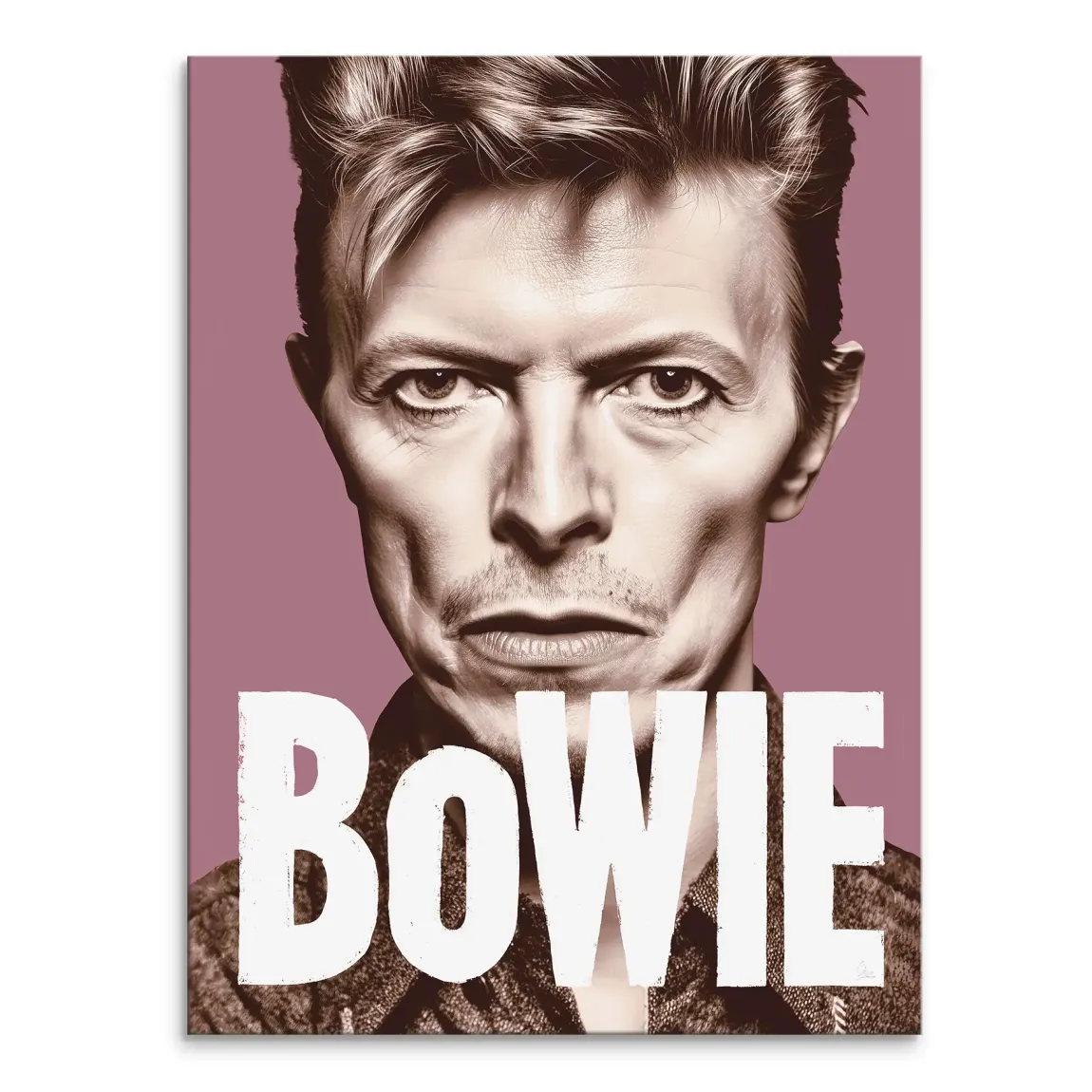 Close-up Bowie portrait on canvas with bold BOWIE text in Pop Art style and a purple background