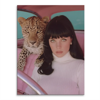 Stylish woman with dark bangs and white turtleneck in a vintage pink car interior beside a leopard.