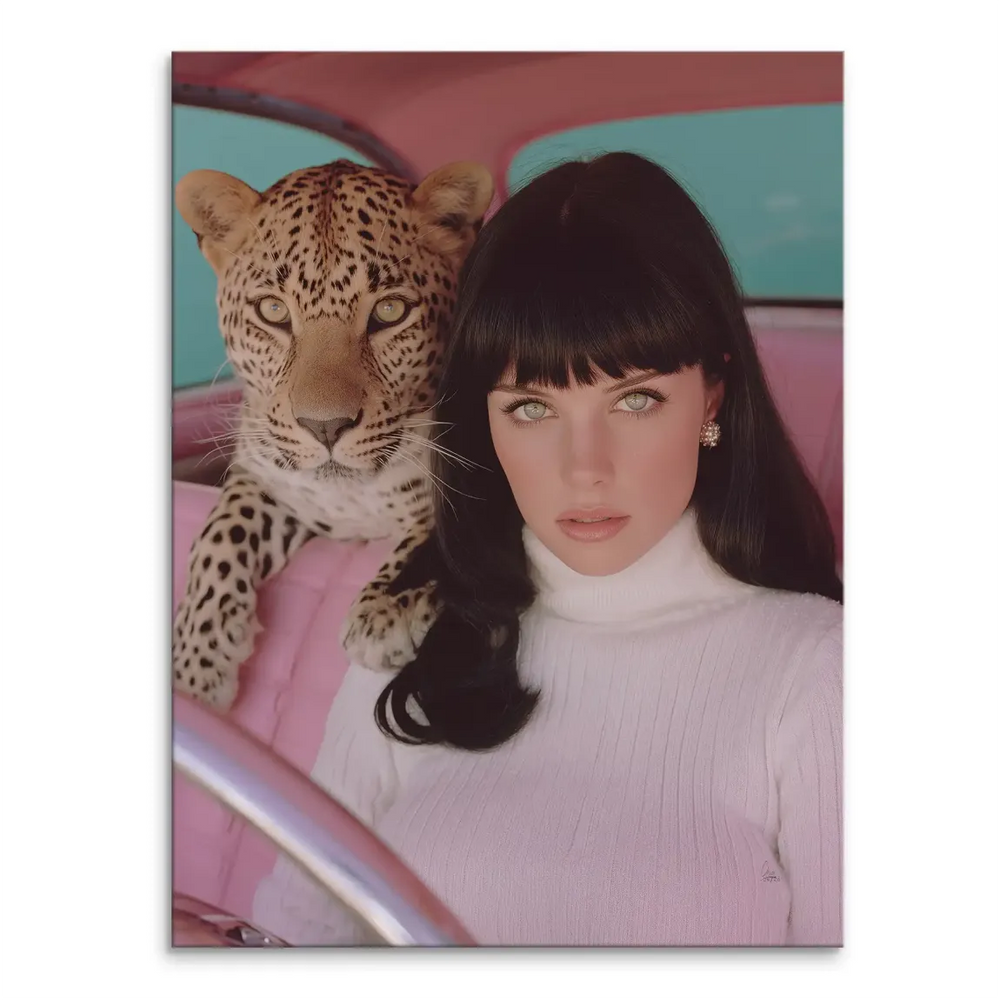 Stylish woman with dark bangs and white turtleneck in a vintage pink car interior beside a leopard.