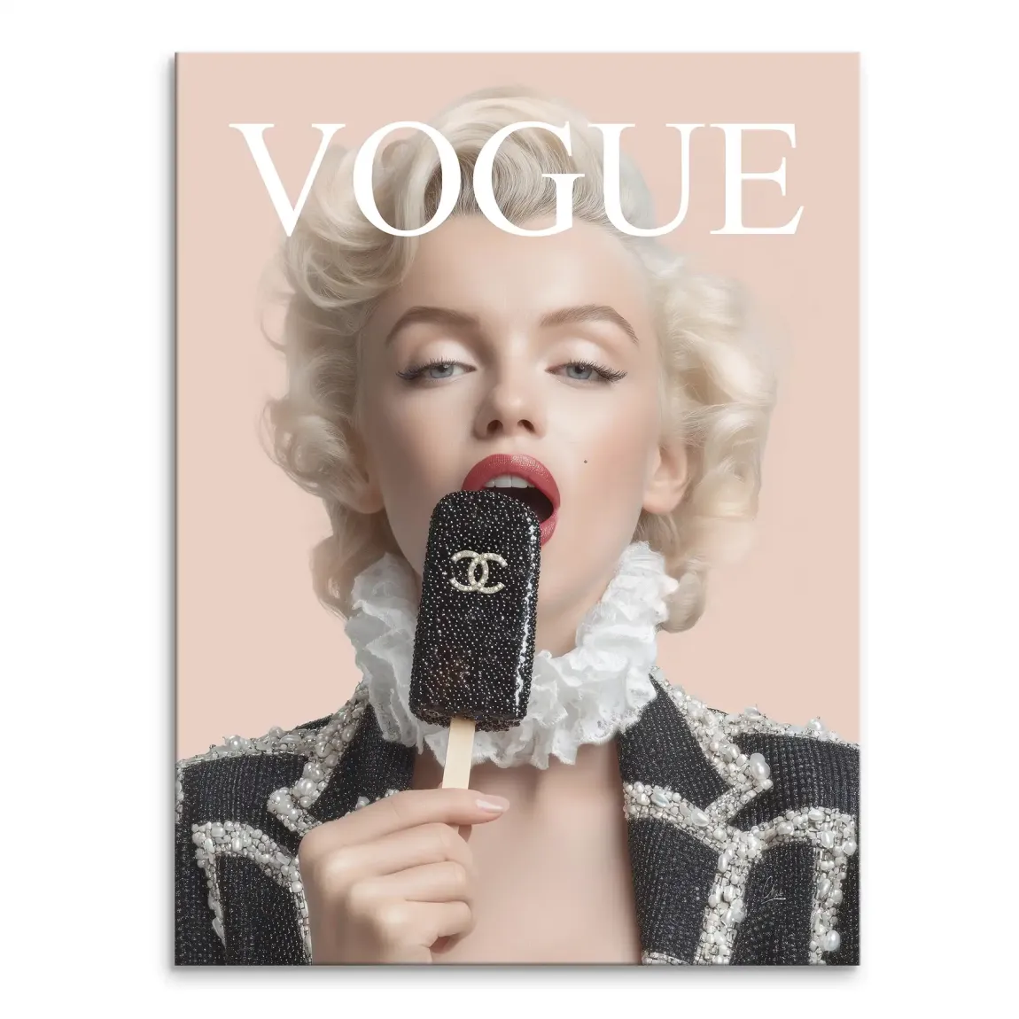 Marilyn Monroe pop art canvas portrait with Chanel-logo ice cream on a peach background