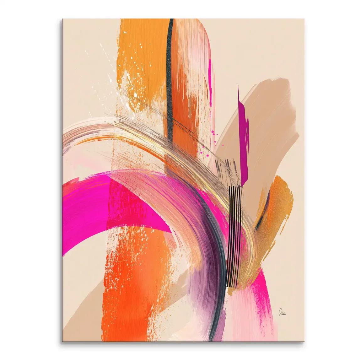 Amber Wave Canvas Picture: vibrant abstract expressionist canvas with hot pinks, magentas, and amber sweeping across a beige background
