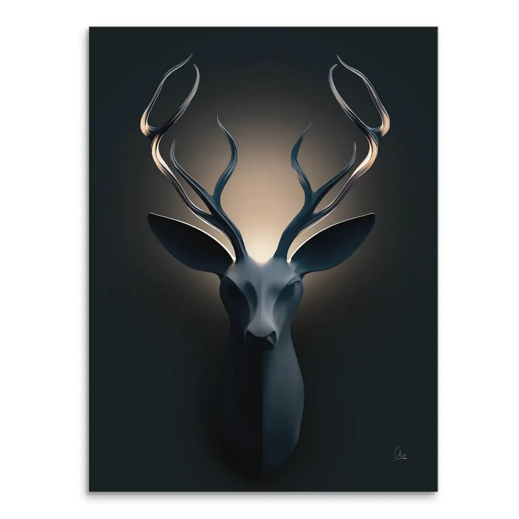 Majestic deer canvas art with front-facing head and warm amber backlighting against a dark background