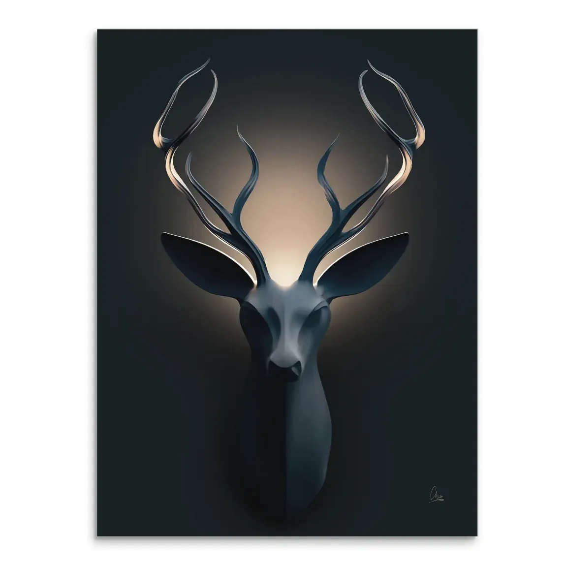Majestic deer canvas art with front-facing head and warm amber backlighting against a dark background