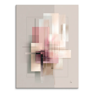 Soft Geometry Canvas Print featuring layered translucent rectangles in blush pinks, dusty rose, beige and light gray with fine black lines.