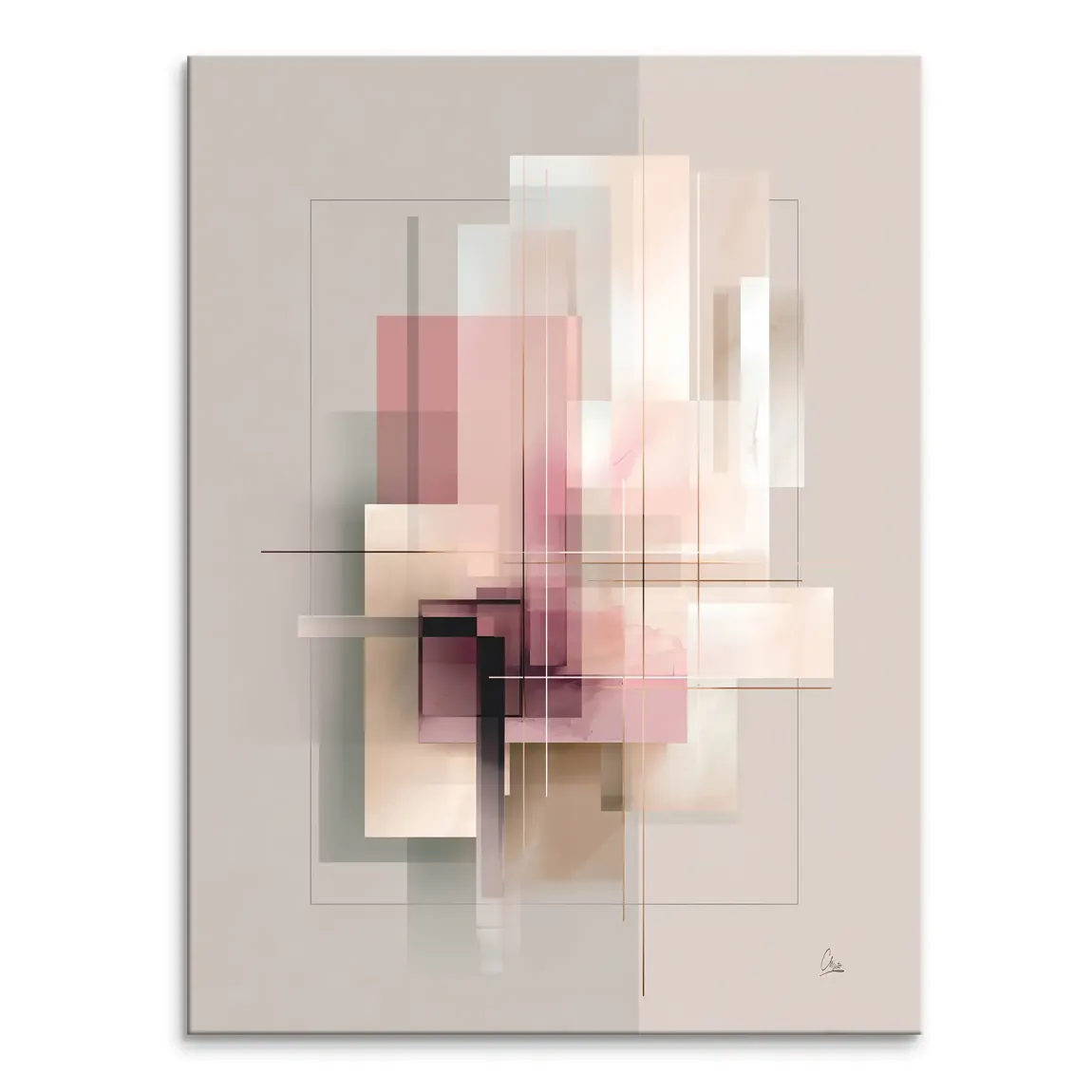Soft Geometry Canvas Print featuring layered translucent rectangles in blush pinks, dusty rose, beige and light gray with fine black lines.