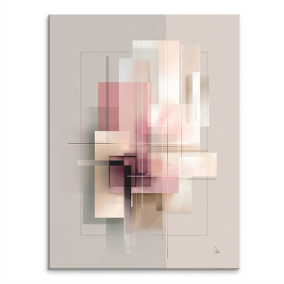 Soft Geometry Canvas Print featuring layered translucent rectangles in blush pinks, dusty rose, beige and light gray with fine black lines.