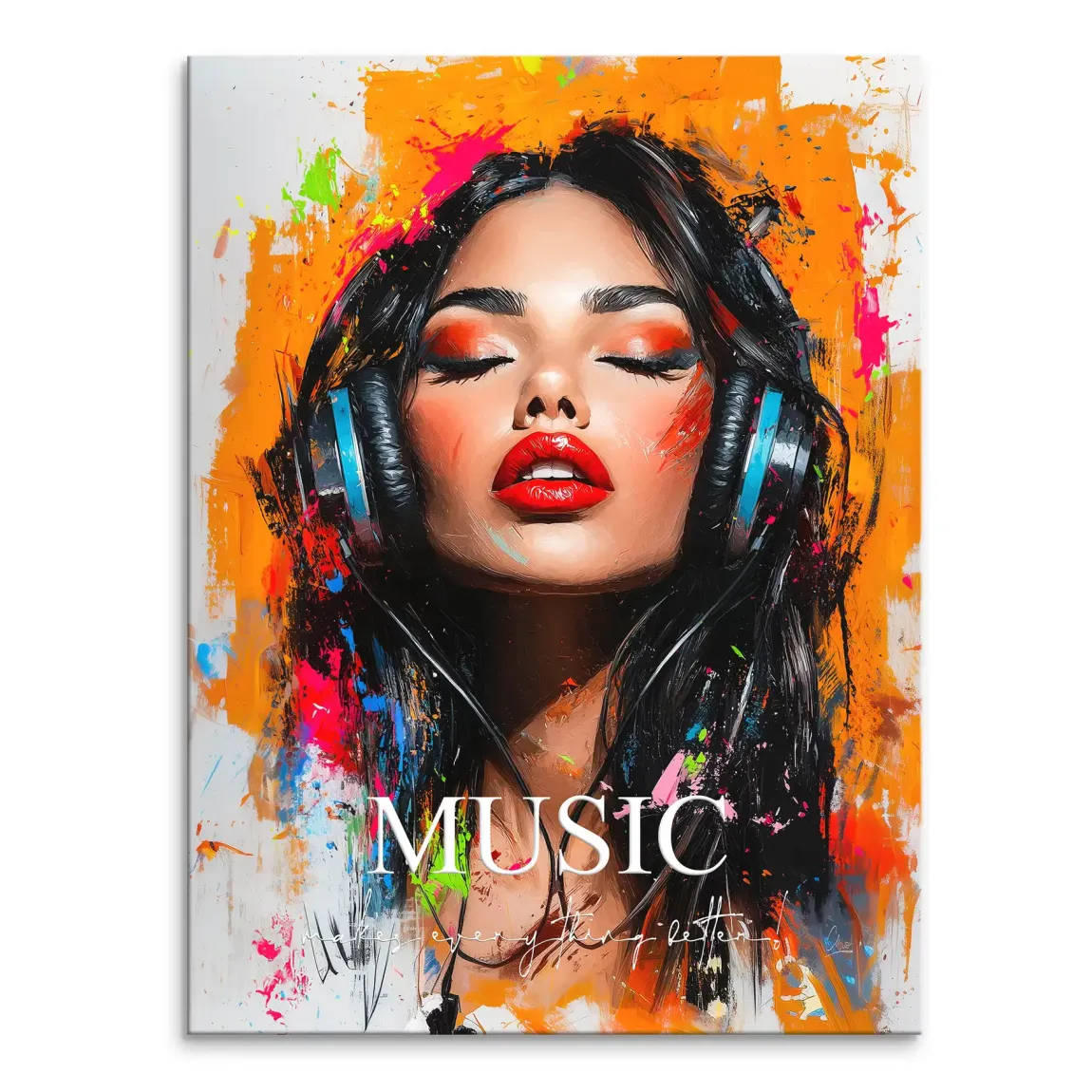 Vibrant canvas wall art featuring a modern portrait of a woman with headphones against an orange background