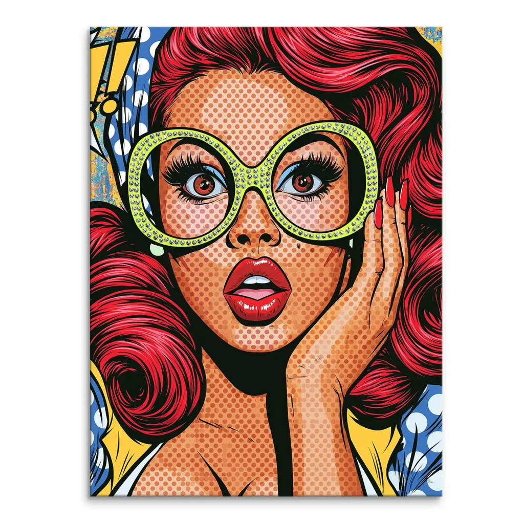 Close-up Pop Art diva with red hair and oversized jewel-tone glasses on vibrant canvas