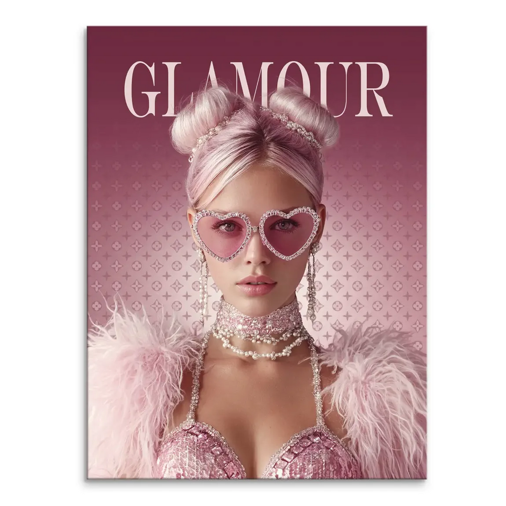 Portrait of a glamorous woman with pink hair styled in buns, heart-shaped pink sunglasses with rhinestones, and pearl and rhinestone jewelry, wearing a pink sequin top with a feather boa against a glam magazine-inspired backdrop.