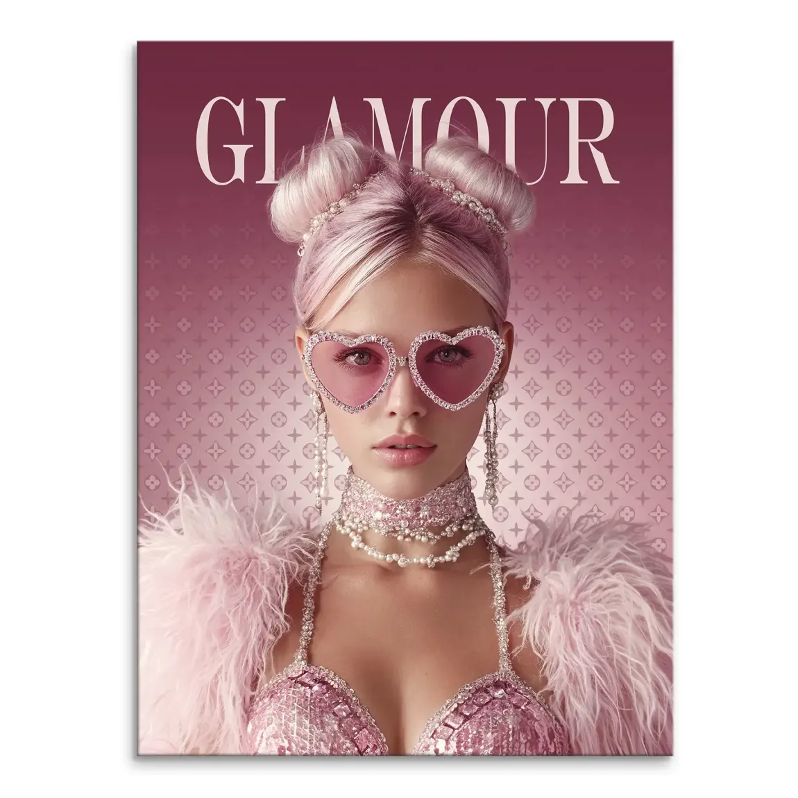 Portrait of a glamorous woman with pink hair styled in buns, heart-shaped pink sunglasses with rhinestones, and pearl and rhinestone jewelry, wearing a pink sequin top with a feather boa against a glam magazine-inspired backdrop.
