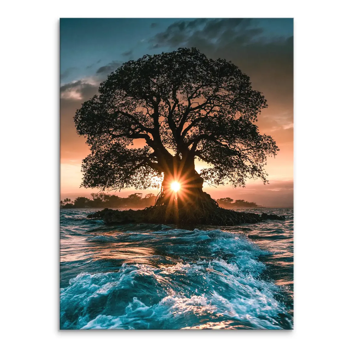 Large tree silhouette against a sunset over the ocean on canvas wall art.