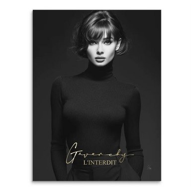 Black and white canvas portrait of a chic woman with a bob haircut wearing a ribbed turtleneck