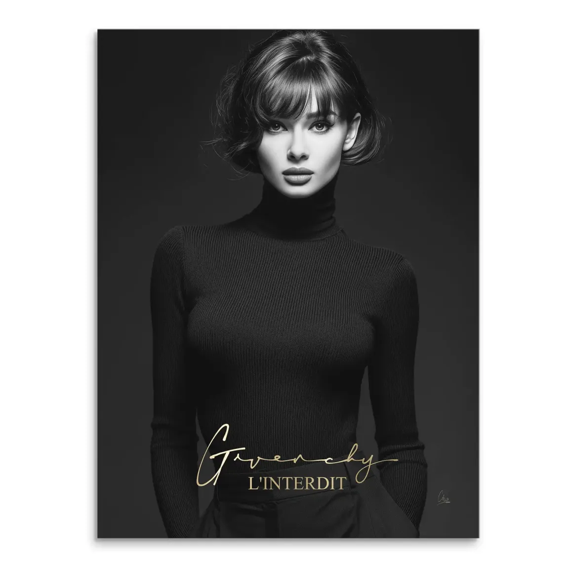 Black and white canvas portrait of a chic woman with a bob haircut wearing a ribbed turtleneck