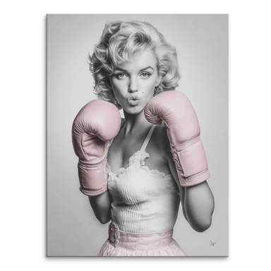 Marilyn Monroe Pop Art portrait with pink boxing gloves on a black-and-white background