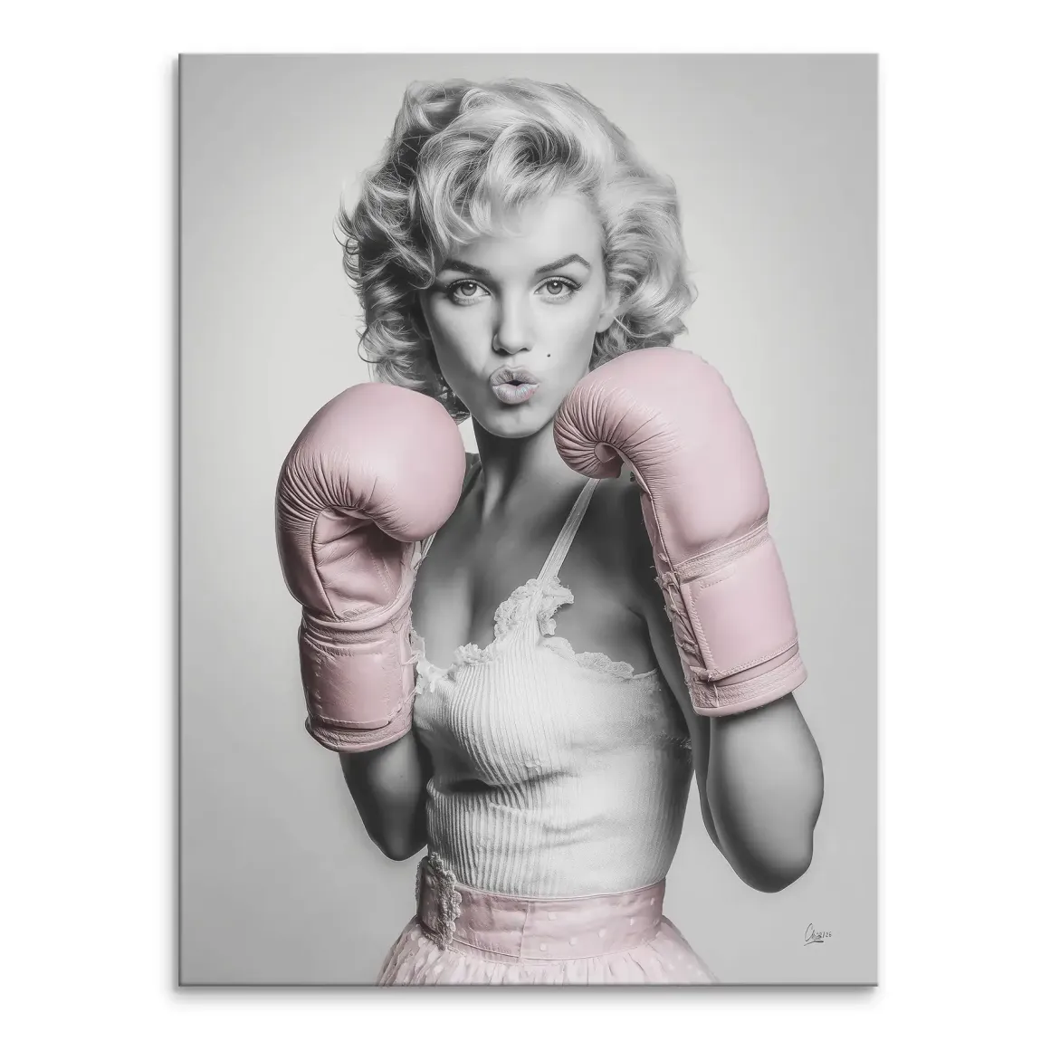 Marilyn Monroe Pop Art portrait with pink boxing gloves on a black-and-white background