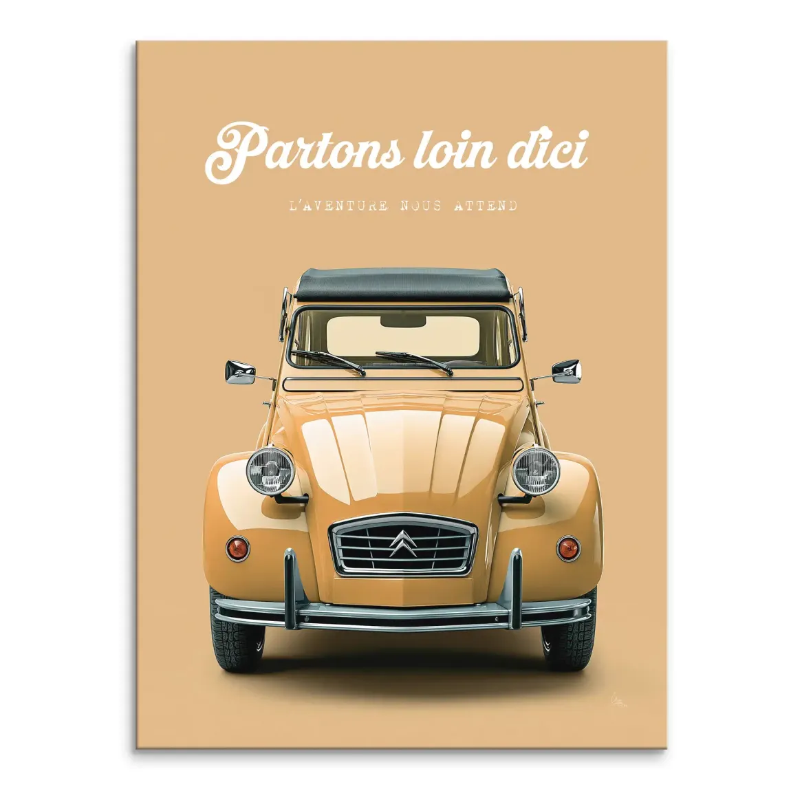 Front-facing illustration of a light yellow Citroën 2CV on a warm beige background, retro canvas wall art in a graphic design style.