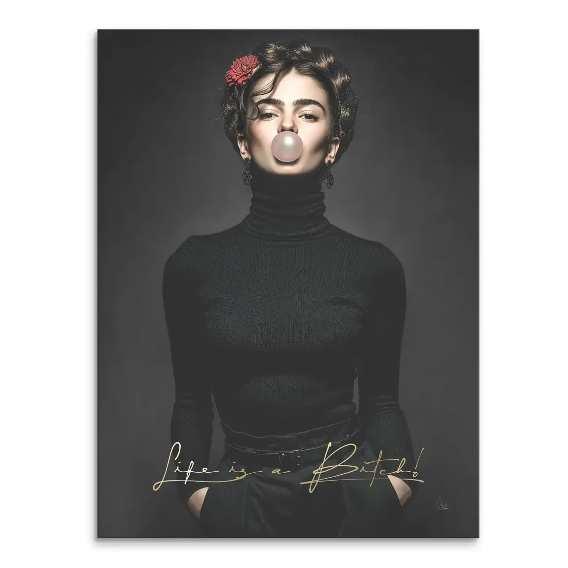 Frida Kahlo-inspired rebel canvas art featuring a woman in a black turtleneck blowing bubblegum with a red flower in her hair