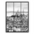 Black-and-white Montmartre cityscape featuring the Sacré-Cœur Basilica atop the hill, viewed through a nine-pane window grid.