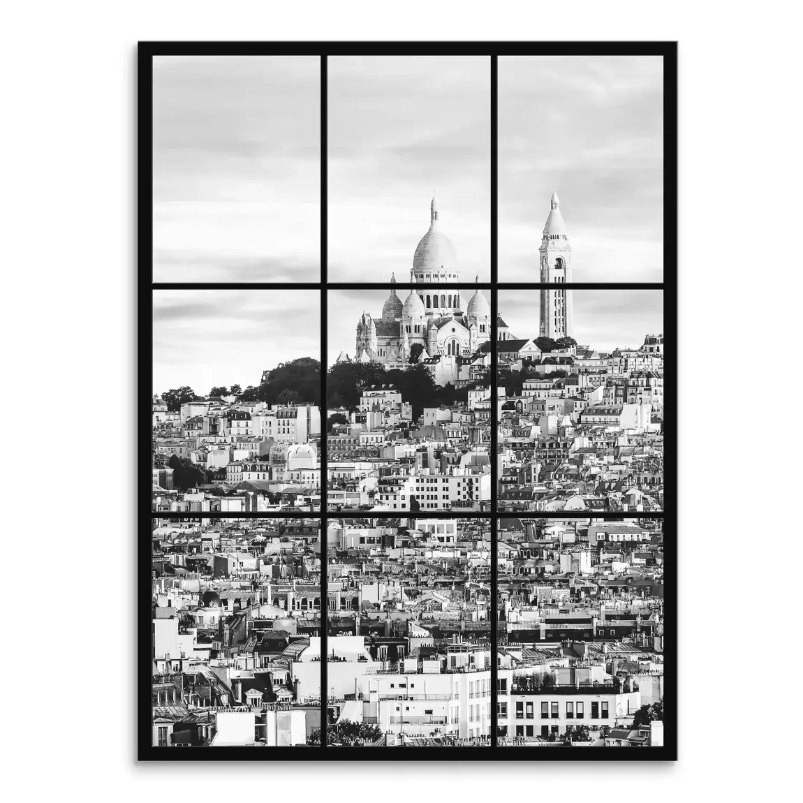 Black-and-white Montmartre cityscape featuring the Sacré-Cœur Basilica atop the hill, viewed through a nine-pane window grid.