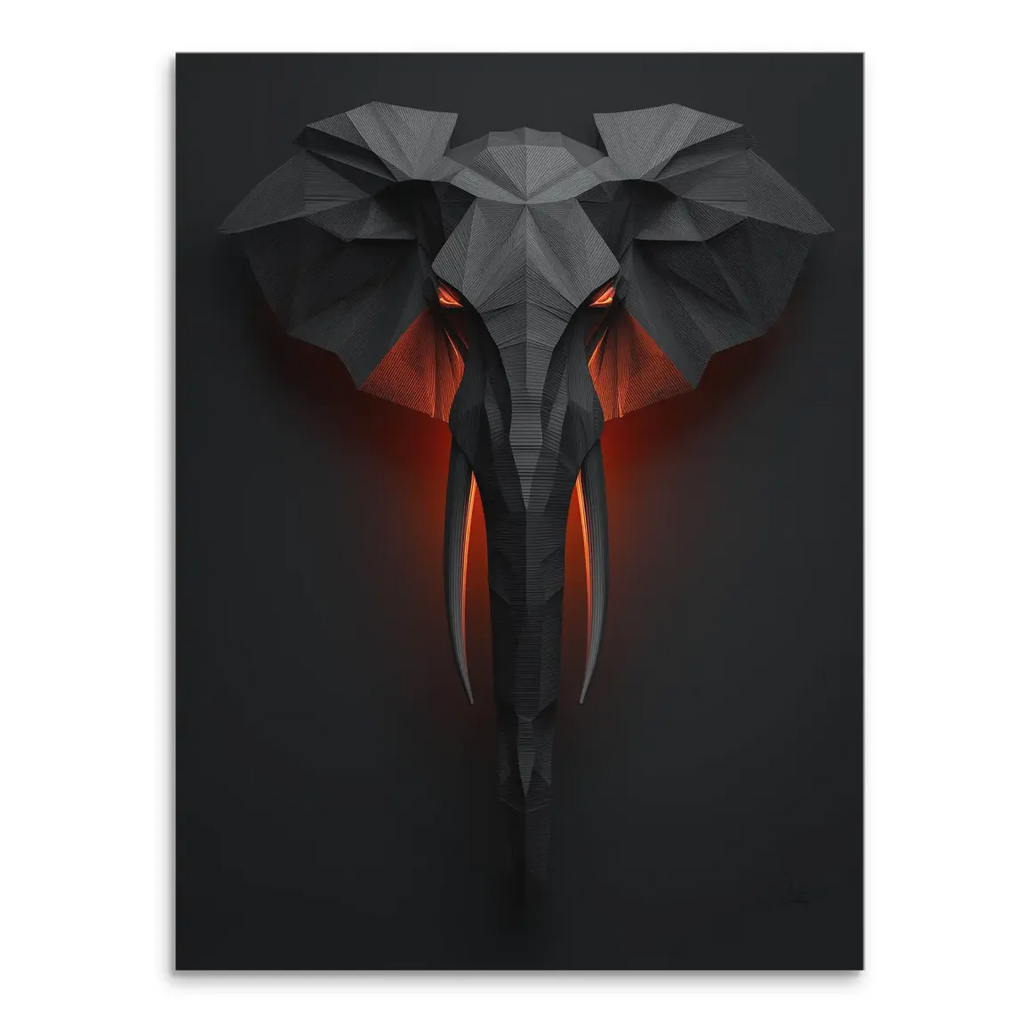 Portrait-oriented mystical elephant canvas art with a geometric low-poly style, dark grey and black tones, and glowing orange-red eyes.